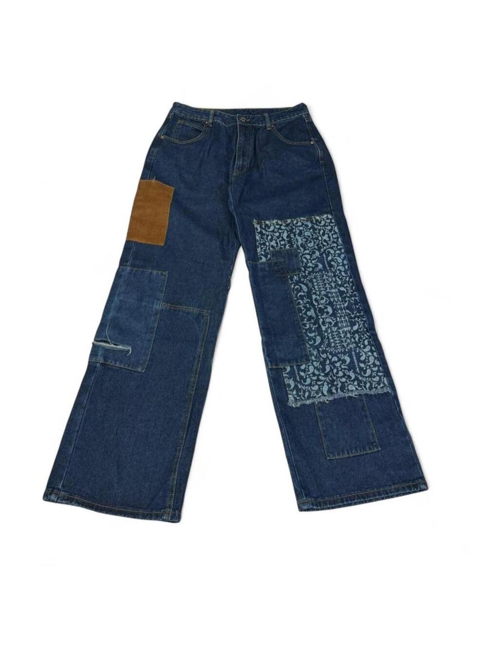 patchwork denim jean with paisley print and corduroy patches